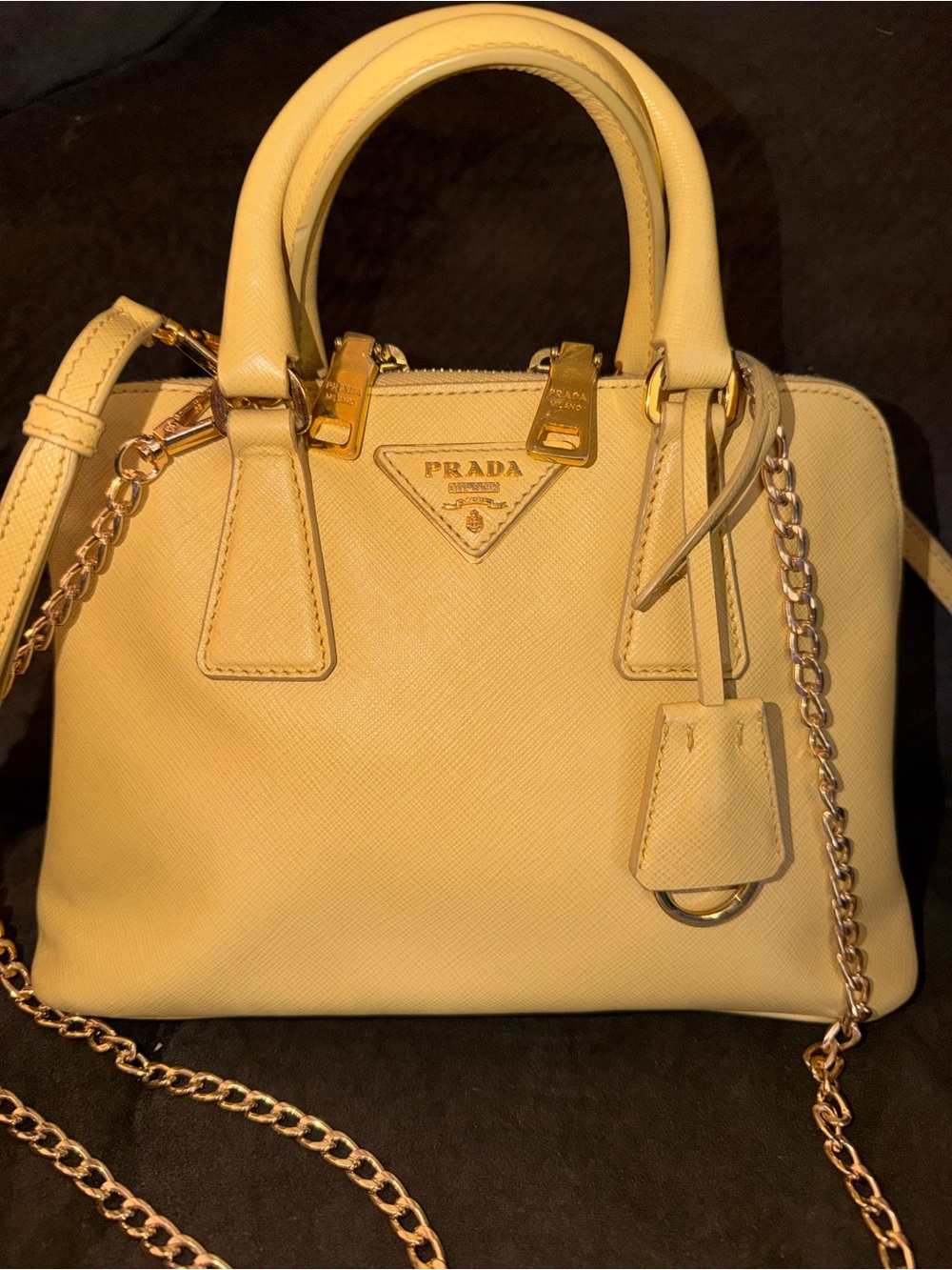 PRADA Yellow Saffiano Leather Small Dome Crossbody Bag w/Triangle Logo Plaque
